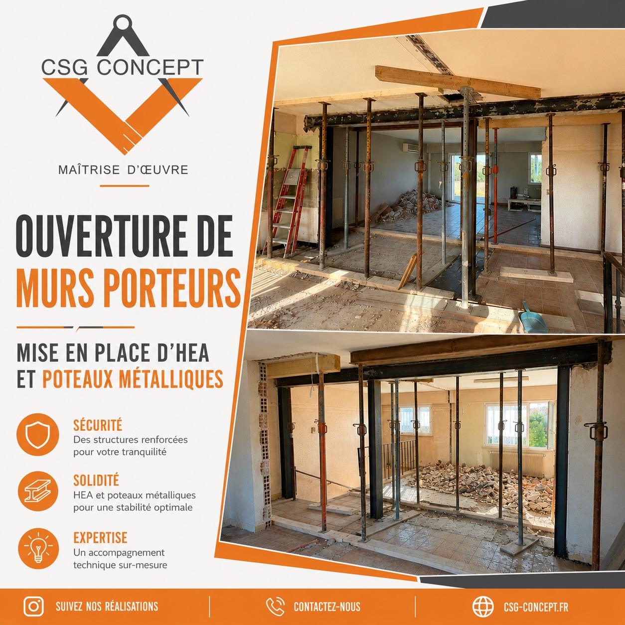 🏗️ Ouverture de murs porteurs 💪⚒️Pour transformer les espaces de vie tout en garantissant la stabilité de l’ouvrage, nous avons réalisé l’ouverture de plusieurs murs porteurs avec la mise en place de poutres HEA et de poteaux métalliques.Chaque intervention est étudiée en amont afin d’assurer une exécution conforme aux exigences techniques et de sécurité.Chez CSG Concept, nous vous accompagnons à chaque étape de votre projet, de la conception jusqu’au suivi des travaux.📞 Vous avez un projet de rénovation, d’extension ou souhaitez ouvrir un mur porteur ? Parlons-en !🌐 csg-concept.fr📞07 68 28 40 71📧 Sydney68@hotmail.fr #CSGConcept #MaitriseDOeuvre #OuvertureMurPorteur #HEA #PoteauxMétalliques [Rénovation |Travaux | Structure Bâtiment ]📍Alsace Haut-Rhin Bas-Rhin Territoire de Belfort