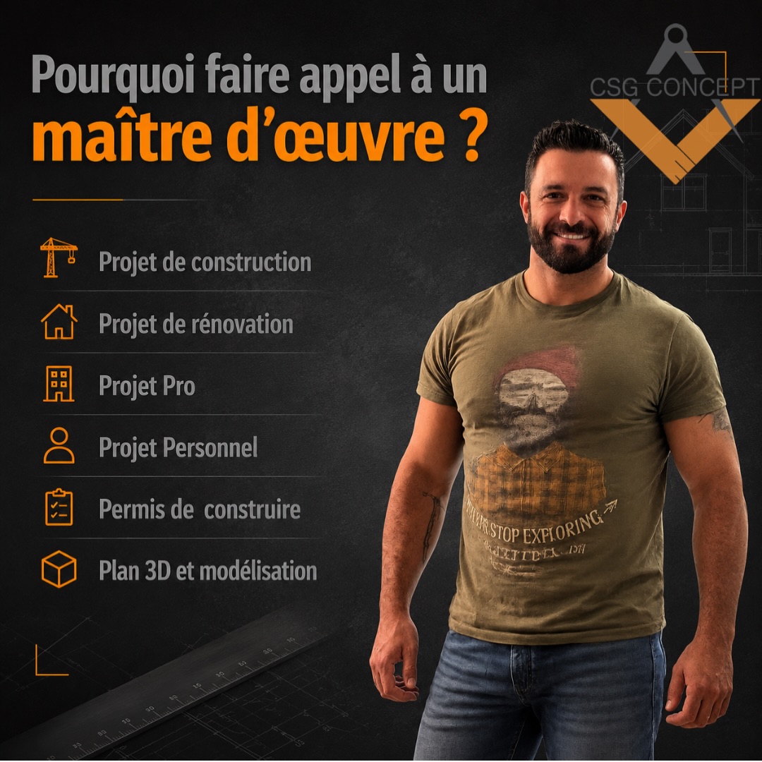 🏡 Construire ou rénover est un projet de vie. Ne laissez rien au hasard.Faire appel à un maître d’œuvre, c’est bénéficier d’un accompagnement à chaque étape de votre projet :✔️ Une conception adaptée à vos besoins et à votre budget.✔️ Des démarches administratives simplifiées.✔️ Une sélection d’artisans qualifiés.✔️ Un suivi de chantier rigoureux.✔️ Un interlocuteur unique jusqu’à la livraison.Que ce soit pour une construction neuve, une rénovation, une extension, un projet professionnel ou l’obtention d’un permis de construire, CSG Concept met son expertise à votre service pour concrétiser vos idées en toute sérénité.📩 Vous avez un projet ? Échangeons ensemble et donnons vie à vos envies. 📧 Sydney68@hotmail.fr📞 06 42 25 91 89 📍 Basés en Alsace, nous vous accompagnons de la conception à la réalisation.#CSGConcept #MaitreDoeuvre #Construction #Rénovation